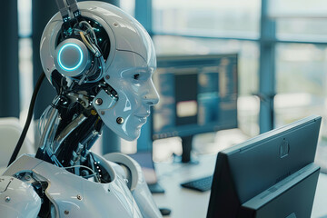 Humanoid robot working in a call center, AI technology