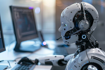 Humanoid robot working in a call center, AI technology
