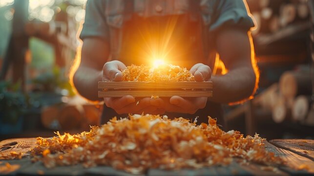 Skilled Carpenter's Hands Crafting Wood with Double Exposure Silhouette Effect, Close Up Shot with Copy Space and Bright Shades