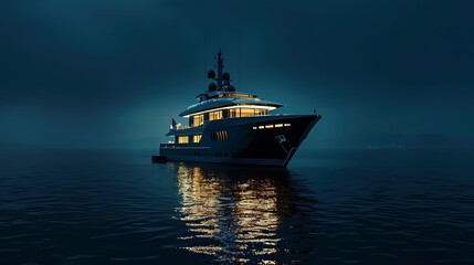 a luxury yacht at midnight , standing amidst middle of ocean , peaceful view
