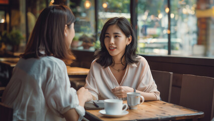 Two women drinking coffee in cafe, Asian woman with talk to friend, Asian woman friends meeting and talking together at coffee store., 