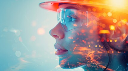 Fototapeta premium Bright Construction Worker Silhouette with Hard Hat Close-Up Double Exposure on Construction Site with Copy Space, Vibrant Colors