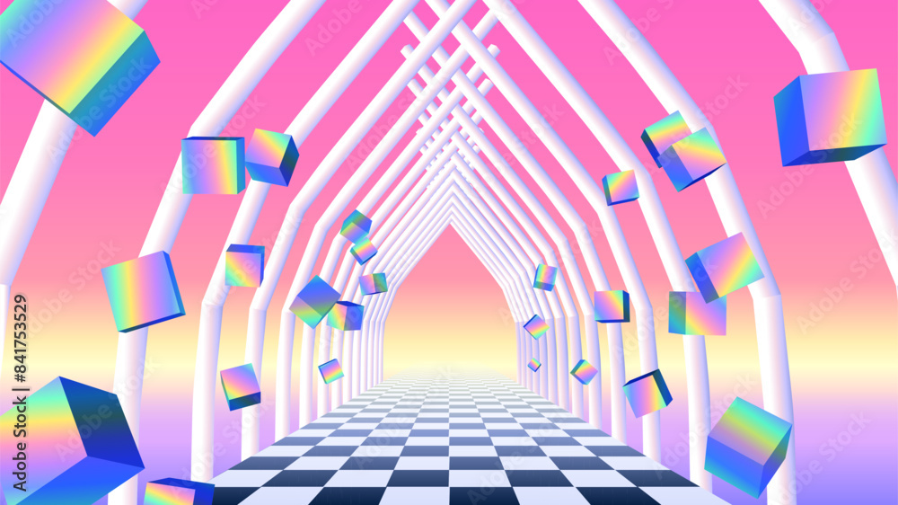 Poster vaporwave corridor of pillars with flying 3d cube shapes in 00s style. abstract surreal retro backgr