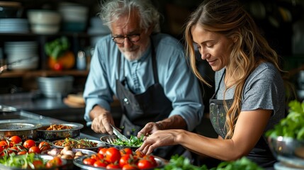 Older Man and Woman Preparing Fresh Food in a Restaurant Kitchen