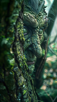 Marsh green kikimora lurks in the forest near the swamp and watches, very close-up. Forest monster, demonic spirit.