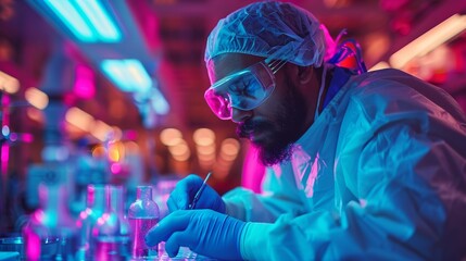 Naklejka premium Precision in Surgery: Double Exposure Silhouette of Doctor Operating in Vivid Colorful Operating Room with Copy Space for Text.