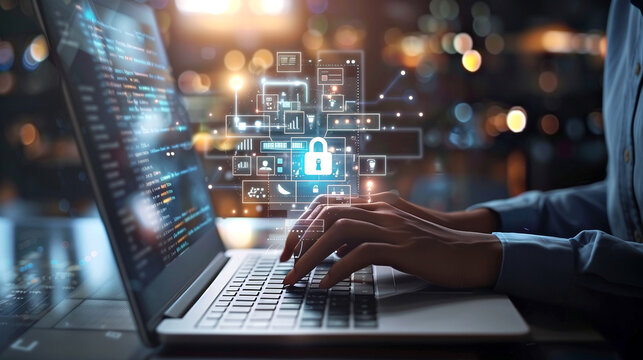 Cyber security network. Data protection concept. Businesswoman using laptop computer with digital padlock on internet technology networking with cloud computing and data management, cybersecurity