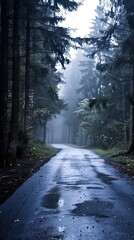 Obraz premium Road in green forest misty fog, mountains, hills, pine trees, woods - beautiful landscape roadway background wallpaper copyspace - Ambition, adventure, goal, progress, career path, holiday, nature