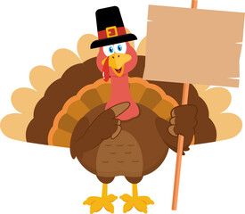 Cute Pilgrim Turkey Bird Cartoon Character Pointing To A Wooden Blank Sign. Vector Illustration Flat Design Isolated On Transparent Background