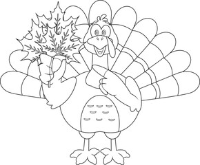 Outlined Happy Thanksgiving Turkey Bird Cartoon Character Holding And Pointing To Autumn Leaves. Vector Hand Drawn Illustration Isolated On Transparent Background