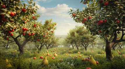 Fototapeta premium Fruit tree orchard with ripe apples and pears