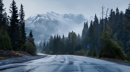 Road in green forest misty fog, mountains, hills, pine trees, woods - beautiful landscape roadway background wallpaper copyspace - Ambition, adventure, goal, progress, career path, holiday, nature