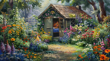 Garden shed surrounded by colorful flowers