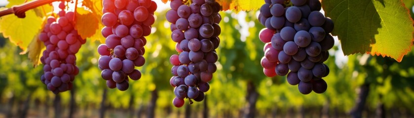 Vineyard with bunch of ripe red grapes