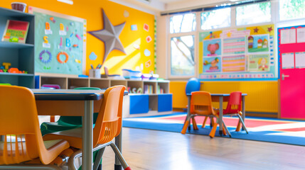 A brightly colored kindergarten classroom with child-sized furniture and educational materials, designed to create an engaging and supportive learning environment for young children.