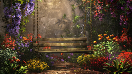Garden swing surrounded by blooming flowers