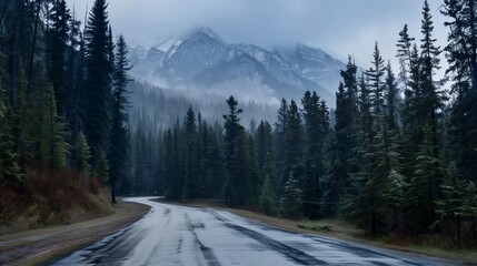 Road in green forest misty fog, mountains, hills, pine trees, woods - beautiful landscape roadway background wallpaper copyspace - Ambition, adventure, goal, progress, career path, holiday, nature