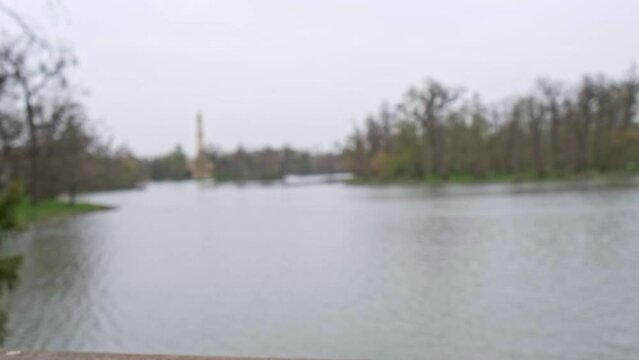 Beautiful minaret and lake in the Lednice&ndash;Valtice cultural landscape listed as UNESCO World heritage, South Moravia, Czech Republic