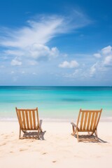 Two lounger chair at calm beach with clear blue sky and ocean water