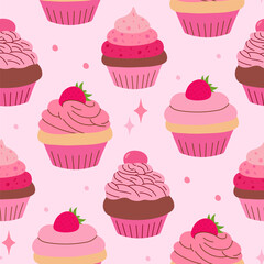 cupcake seamless pattern, various pink cupcakes with cream, frosting, cherry, strawberry, sweet dessert, pattern for print, wallpaper, wrapping, fabric and more, vector illustration