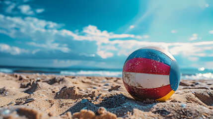 Obraz premium Colorful volleball ball lying on sunny beach