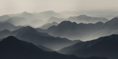 Fototapeta premium A black and white picture of mountains rock hill background landscape with fog mist vibe. Adventure nature outdoor explore travel scene view