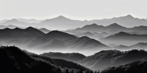 Fototapeta premium A black and white picture of mountains rock hill background landscape with fog mist vibe. Adventure nature outdoor explore travel scene view