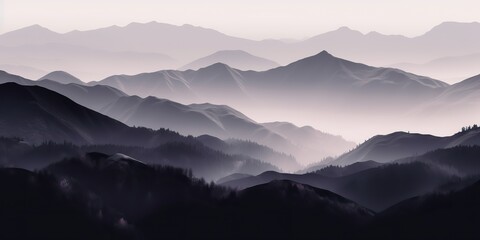 Fototapeta premium A black and white picture of mountains rock hill background landscape with fog mist vibe. Adventure nature outdoor explore travel scene view