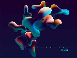 Colorful iridescent bubbles on dark background. Set of isolated holographic liquid shapes.