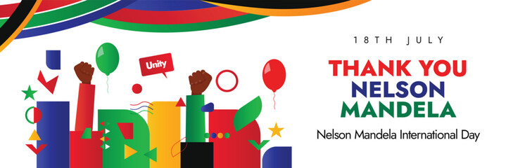 Nelson Mandela International Day. 18th July Nelson Mandela day social media cover with fist bumps of black people symbolizing unity, braveness, justice, south Africa flag colour abstract art