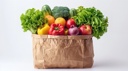 A paper bag filled with a variety of vegetables and fruits against a solid background. Grocery tote containing nutritious food items.