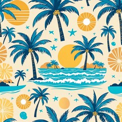 Boho groovy palm tree beach sun sea stickers. Surf club vacation and sunny summer day aesthetic. Vector illustration background in trendy retro naive simple style. Pastel yellow blue braun