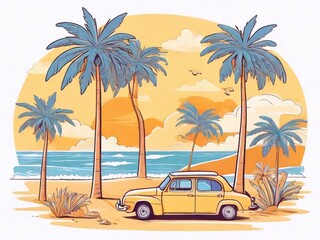 Boho groovy palm tree beach sun sea stickers. Surf club vacation and sunny summer day aesthetic. Vector illustration background in trendy retro naive simple style. Pastel yellow blue braun