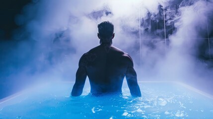 A man relaxes in a cold plunge pool with steam rising around him. The pool is lit with a blue light, creating a calming atmosphere.