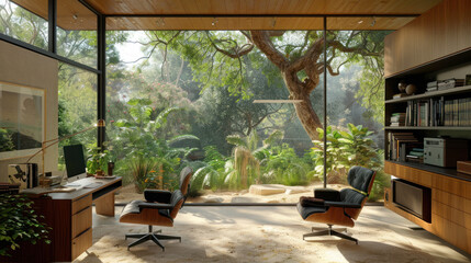 Fototapeta premium Home office with a serene garden view and natural light