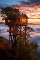 Tree house above clouds