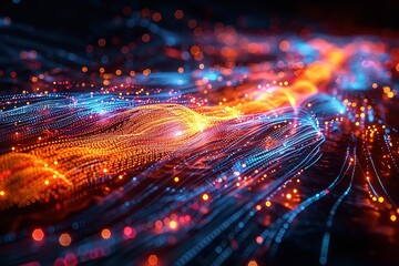 Visualization of undersea cable network mapping out global internet traffic flows and data exchange hubs, depicted in vibrant and dynamic colors.