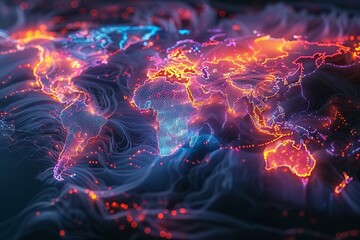 Visualization of undersea cable network mapping out global internet traffic flows and data exchange hubs, depicted in vibrant and dynamic colors.