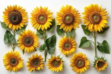 Fototapeta premium Assortment of sunflower types, ranging from dwarf to giant varieties, displaying their cheerful and uplifting blooms, set against a transparent background.