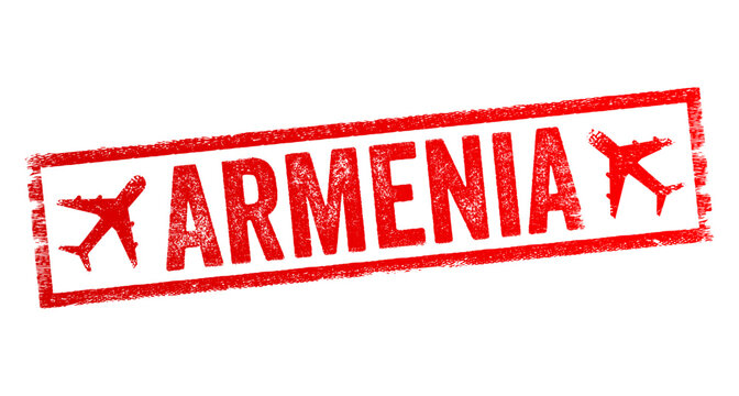 Armenia is a nation, and former Soviet republic, in the mountainous Caucasus region between Asia and Europe, text emblem stamp with airplane