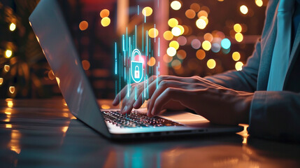 Businessman using laptop computer with digital padlock