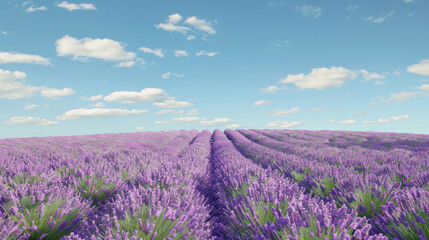Naklejka premium Lavender field in full bloom under a clear sky with scattered clouds