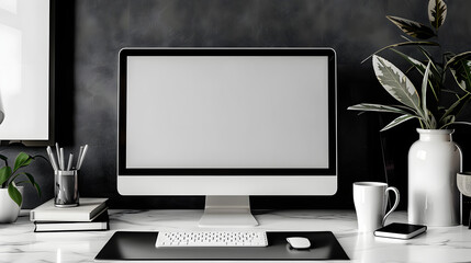 Minimalistic desktop with glowing computer screen in office interior. Design and ad concept. Mock up, 3D Rendering