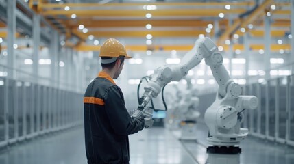 Engineer programming industrial robots in a clean and modern manufacturing plant for efficient production. Smart factory automation