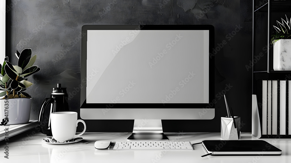 Wall mural minimalistic desktop with glowing computer screen in office interior. design and ad concept. mock up