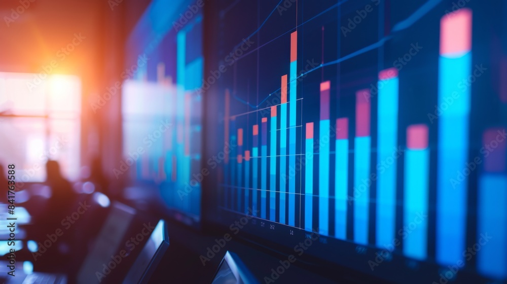 Poster a business presentation with a bar graph displayed on a large screen, highlighting key data points a
