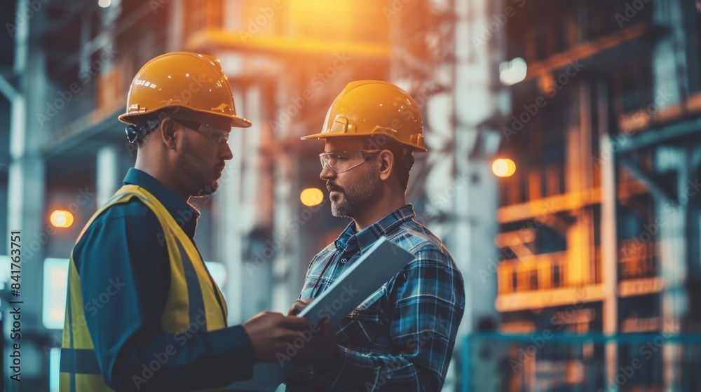 Wall mural Teamwork men in construction site, Two civil engineer or professional foreman in safety helmet hard hat using blueprint in digital tablet working while standing at industrial factory