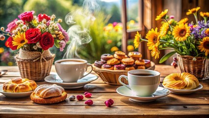 Fototapeta premium Cozy rustic cafe ambiance depicted with steaming cups, fresh pastries, and vibrant flowers on a wooden table, evoking warmth and joyful gatherings.