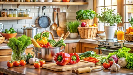 Fresh vegetables, kitchen utensils, and culinary delights adorn a tidy kitchen counter, vividly capturing the essence of a warm family culinary experience.