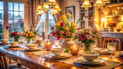 Warmly lit dining table setting with elegant dinnerware, ornate decorations, and fresh flowers, exuding warmth and coziness in a joyful domestic atmosphere.